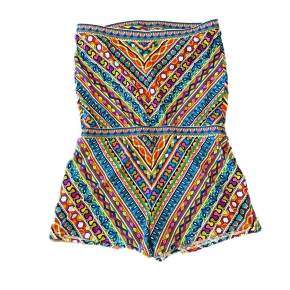 Trina Turk Peruvian Stripe Swimsuit Romper Cover Up Multicolor Halter Top Size M - Picture 4 of 14